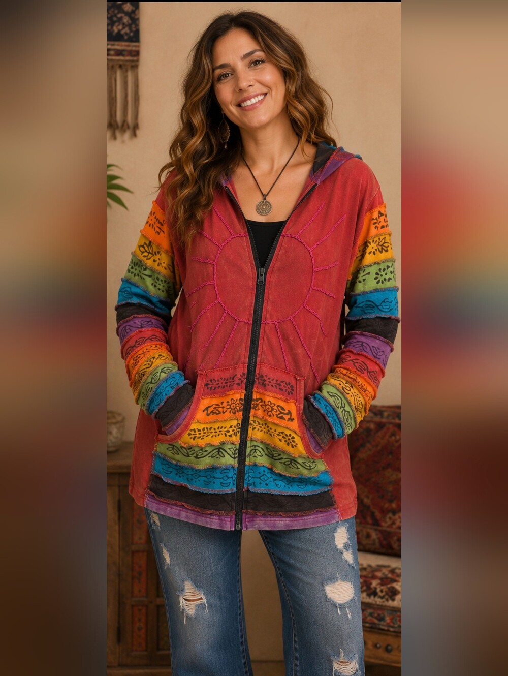 Greater Good Nepal Rainbow Patchwork Sun Hoodie Jacket Boho Hippie Festival 1X